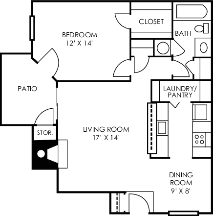 Dogwood one bedroom floorplan at Woodland Park Apartment Homes, Greensboro, NC